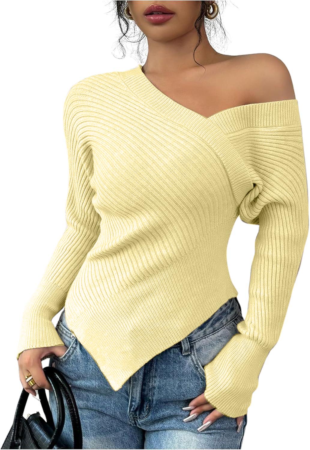 Women's Off Shoulder Ribbed Knit Wrap Asymmetrical Sweater(buy 2 free shipping)