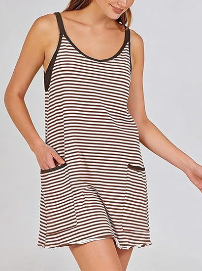 ⏰Hot Sale-Women's Striped V-Neck Athletic Mini Dress with Built-in Shorts