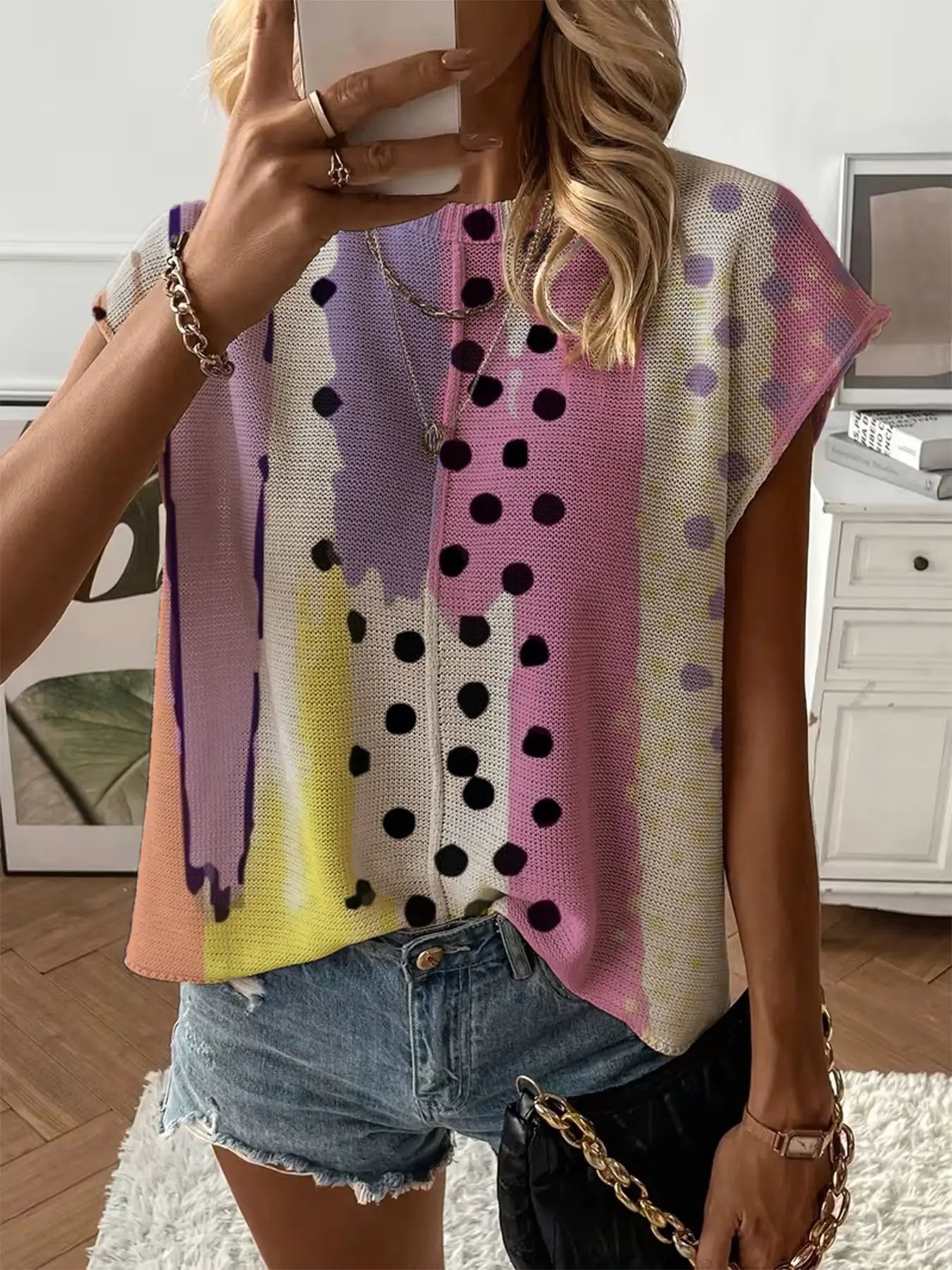 Women's Crew Neck Drop-shoulder Loose Fit Contrast Splicing Print Knit Top