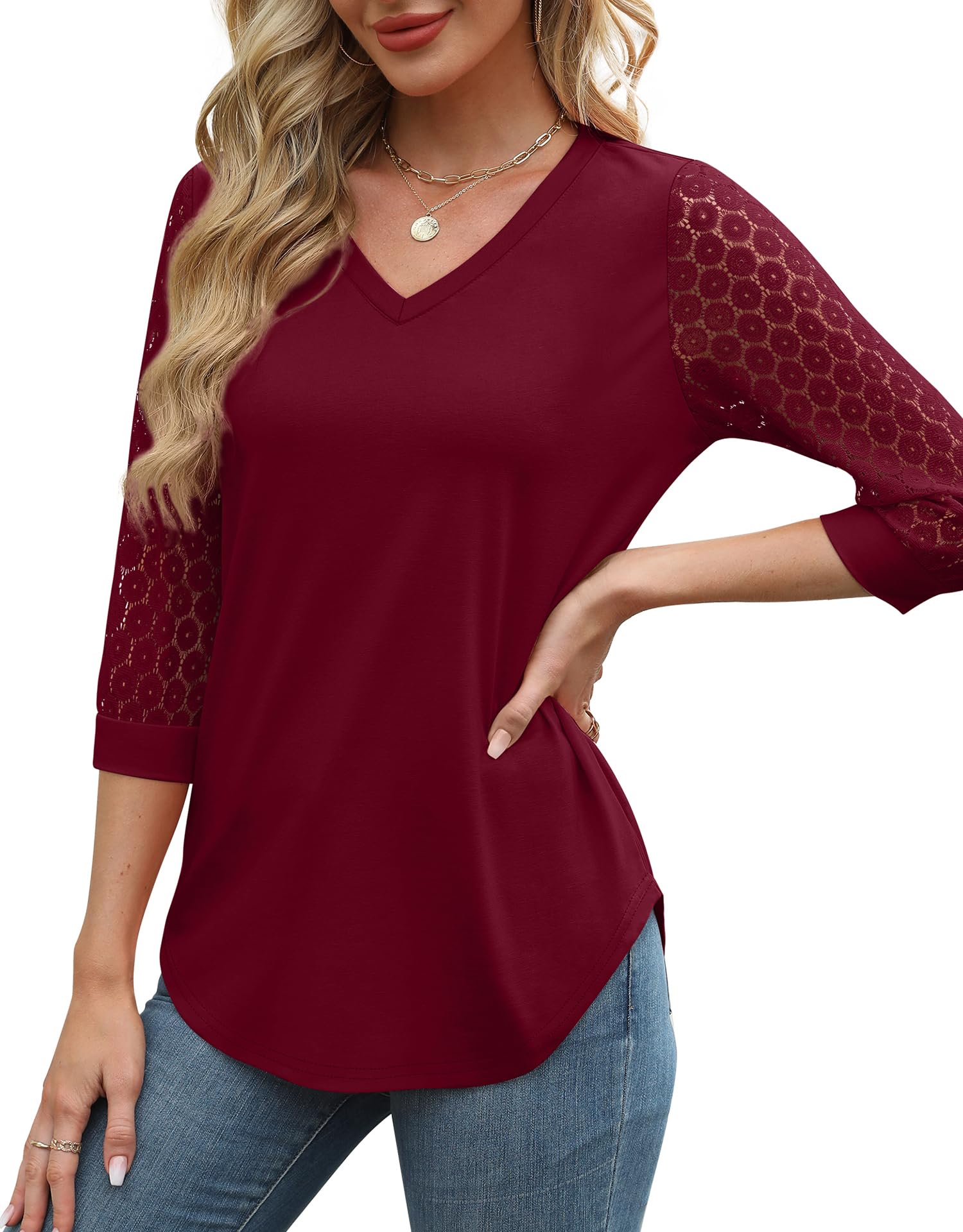 3/4 Length Sleeve Womens Tops V-Neck Lace Tunic Tops Business Casual Blouses (BUY 3 FREE SHIPPING)