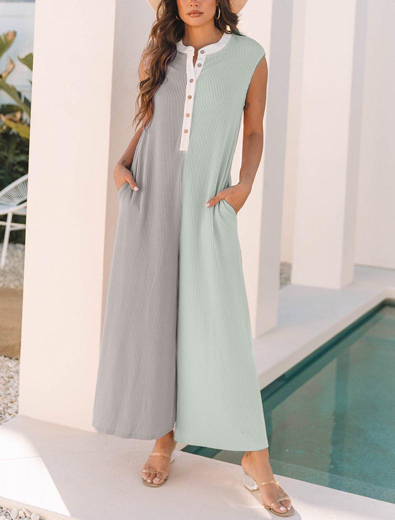 Women's Ribbed Colorblock Buttoned Front Sleeveless Wide Leg Jumpsuit