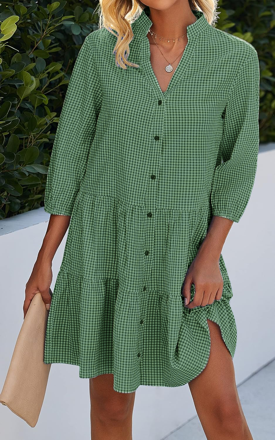 Limited time sale🔥Women's Button Down 3/4 Sleeve Gingham Shirt Dress(BUY 2 FREE SHIPPING)