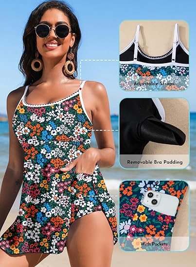 Floral Print Ricrac Trim Spaghetti Strap One Piece Swim Dress