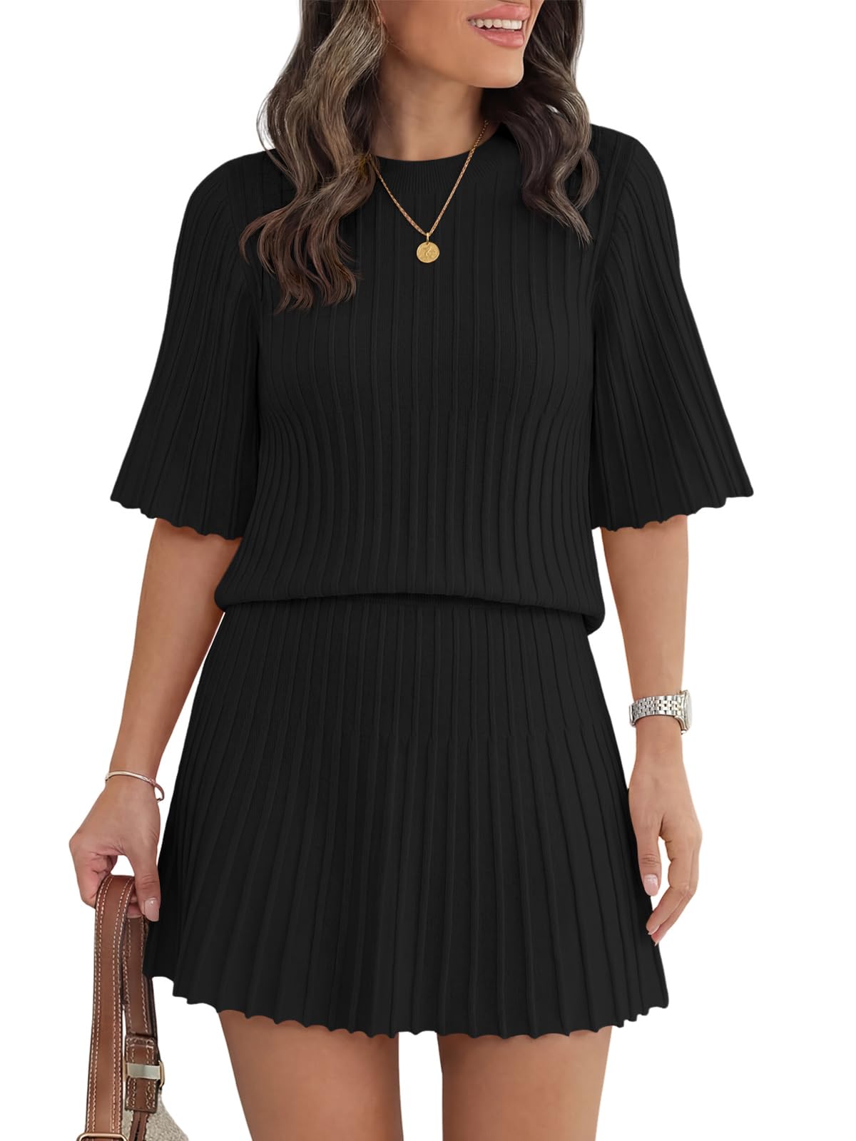Womens Half Sleeve Ribbed Knit Top and Pleated Skirt Sweater Sets