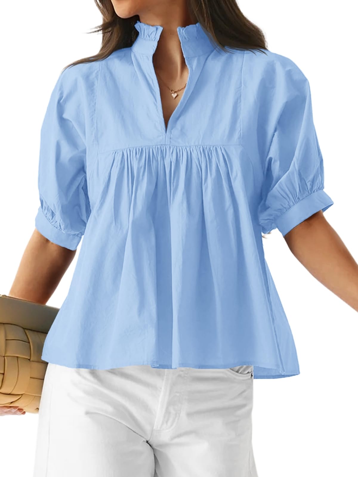 Womens Puff Sleeve V Neck Blouse Pleated Babydoll Peplum Tops