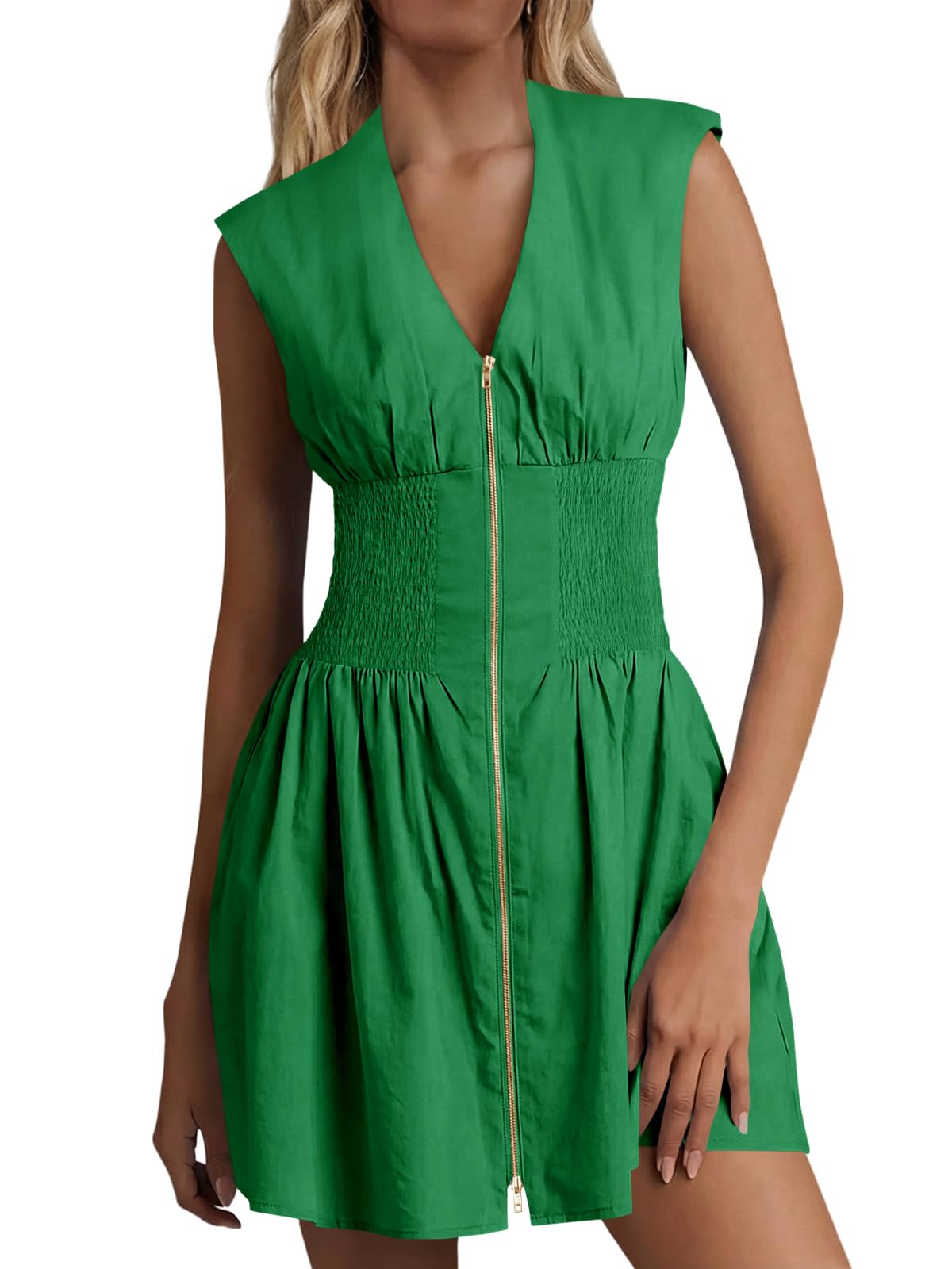 Women's Sleeveless Casual Zip Front V Neck Dress with Pockets