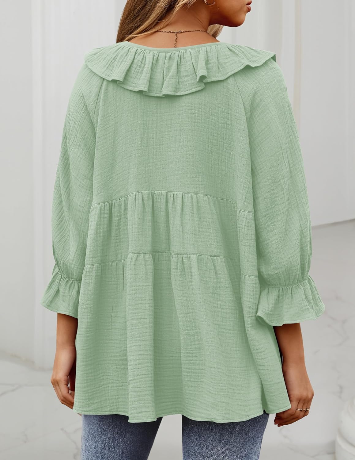 3/4 Sleeve Scoop Neck Tie Front Ruffle Tiered Peplum Loose Blouse Tops