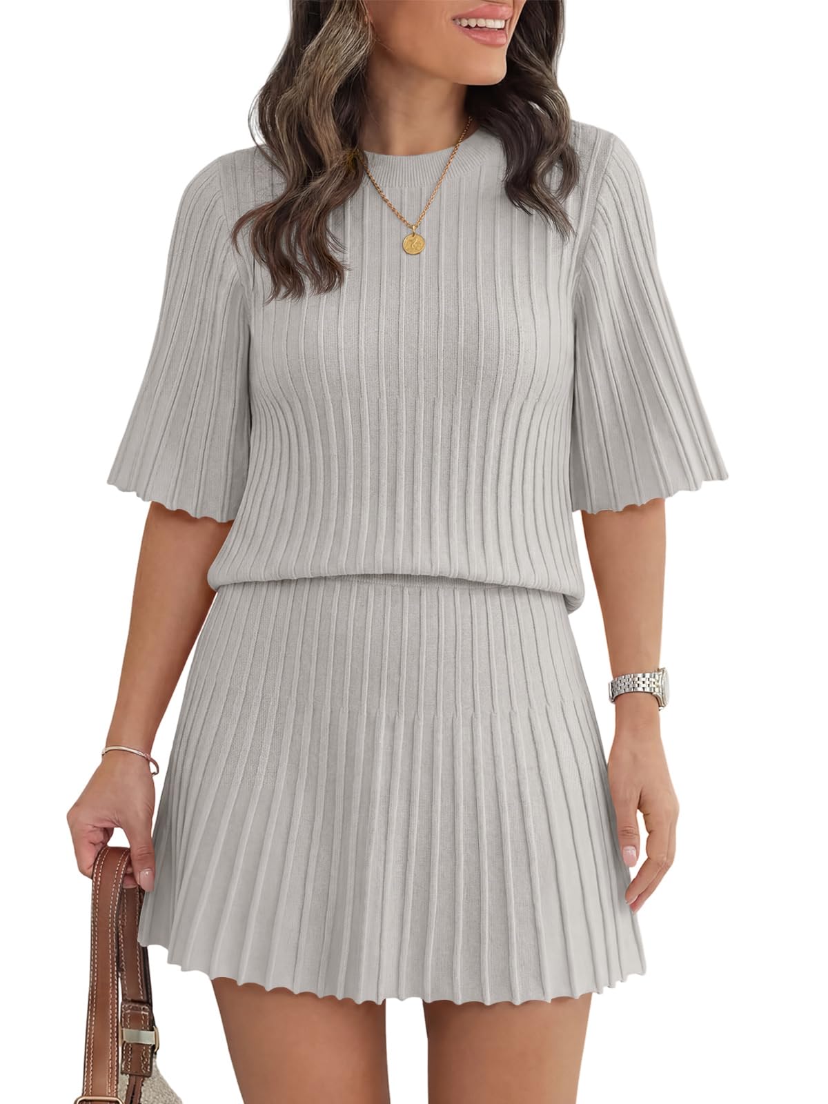 Womens Half Sleeve Ribbed Knit Top and Pleated Skirt Sweater Sets