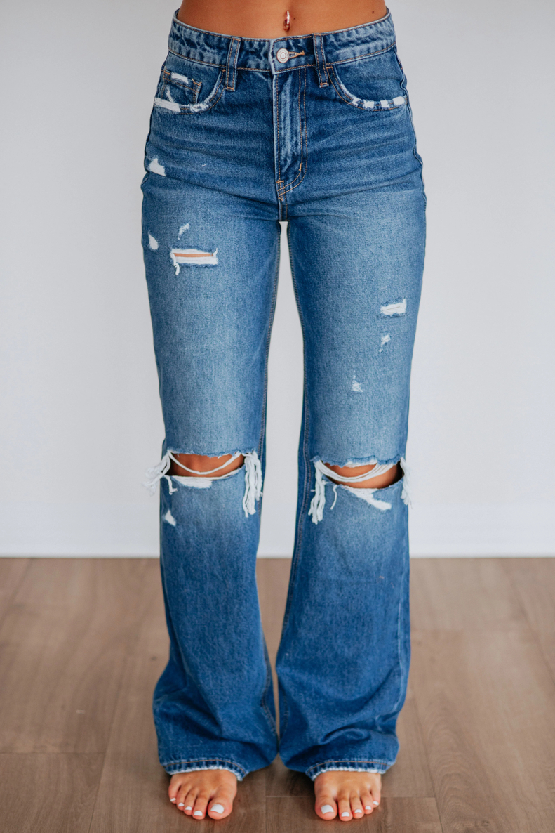 Women's Flared Ripped Stretchy Mid Rise Cut Out Distressed Denim Bootcut Jeans