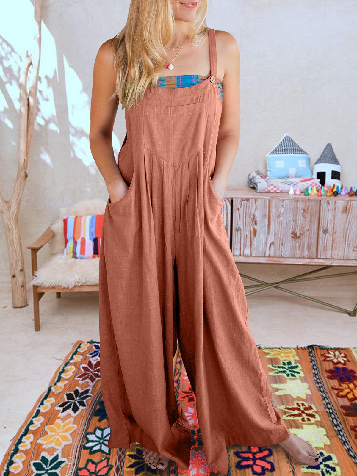Sleeveless Wide Leg Jumpsuit with Pockets (Buy 2 Free Shipping)-Pink Laura