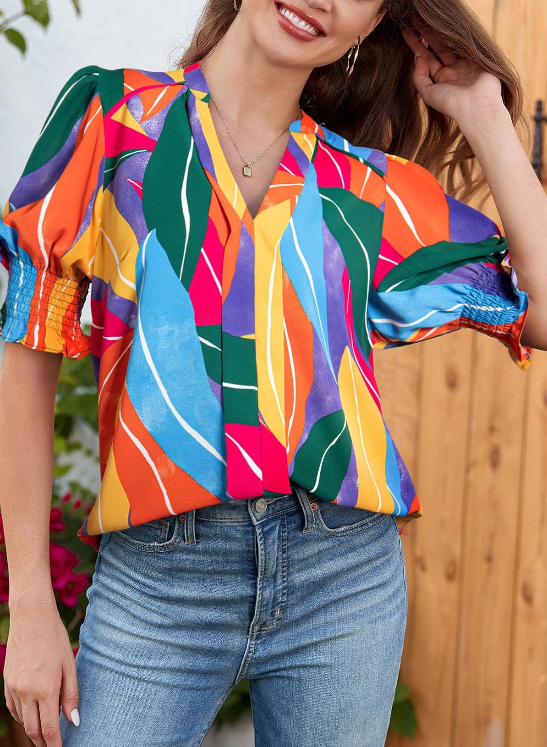 Floral V-Neck Puff Sleeve Blouse(buy 2 free shipping!!!)