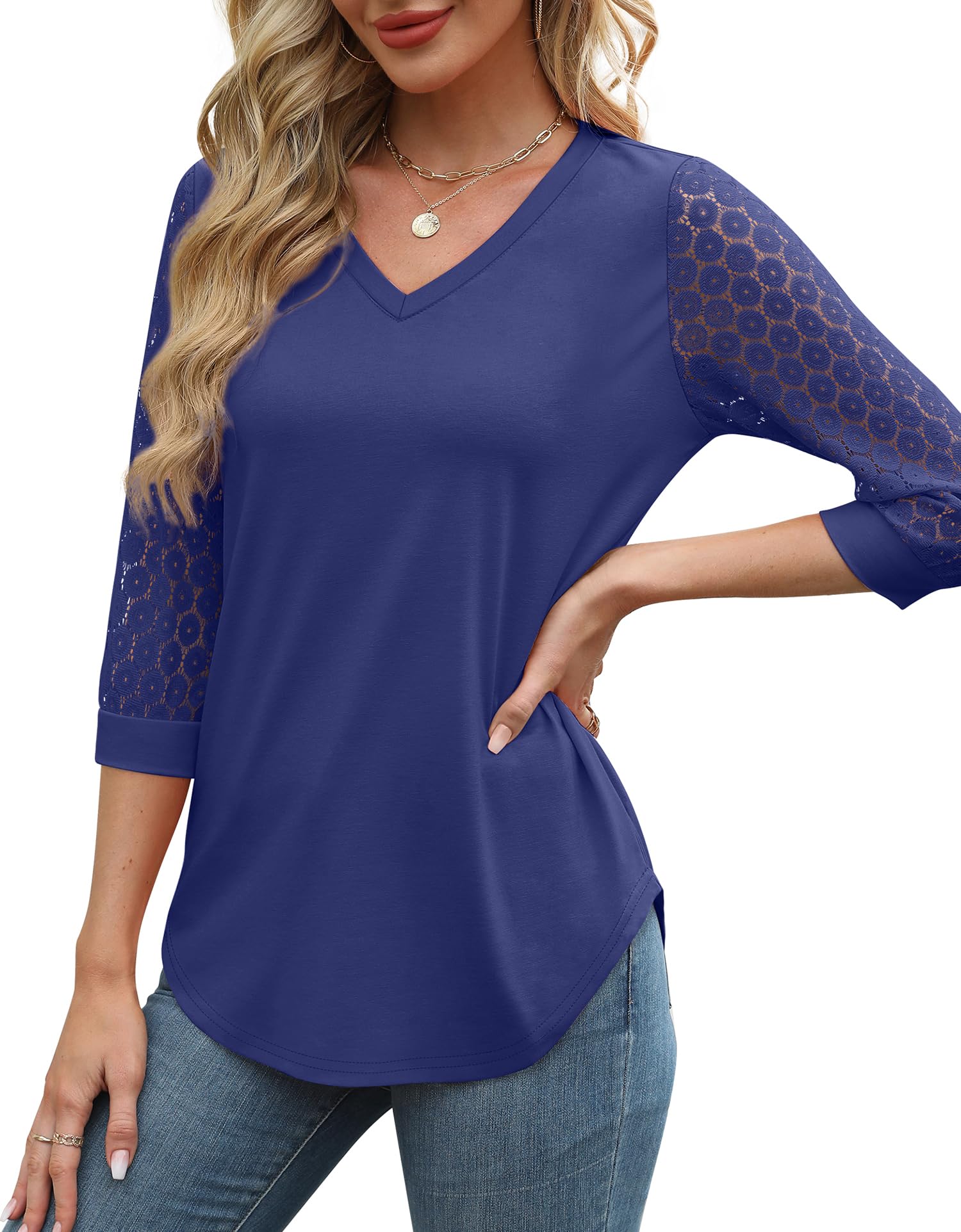 3/4 Length Sleeve Womens Tops V-Neck Lace Tunic Tops Business Casual Blouses (BUY 3 FREE SHIPPING)