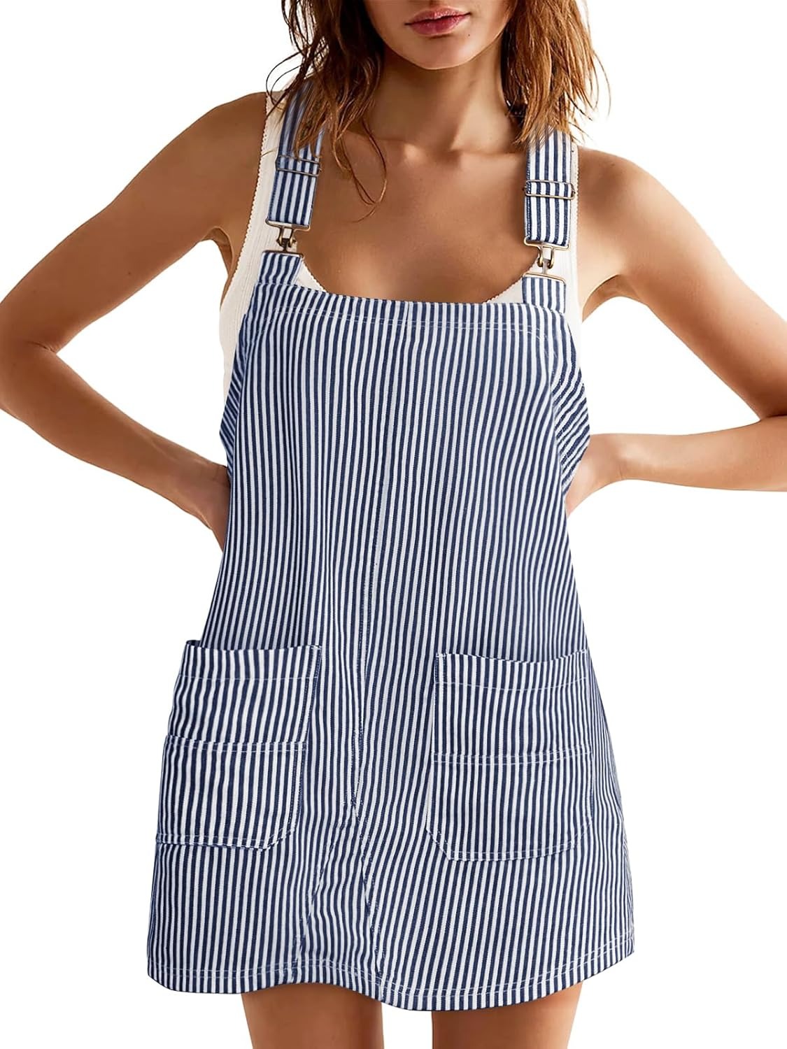 Womens Adjustable Straps Casual Denim Dress Summer Striped Overalls Romper