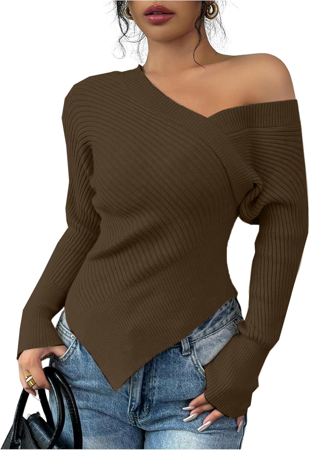Women's Off Shoulder Ribbed Knit Wrap Asymmetrical Sweater(buy 2 free shipping)