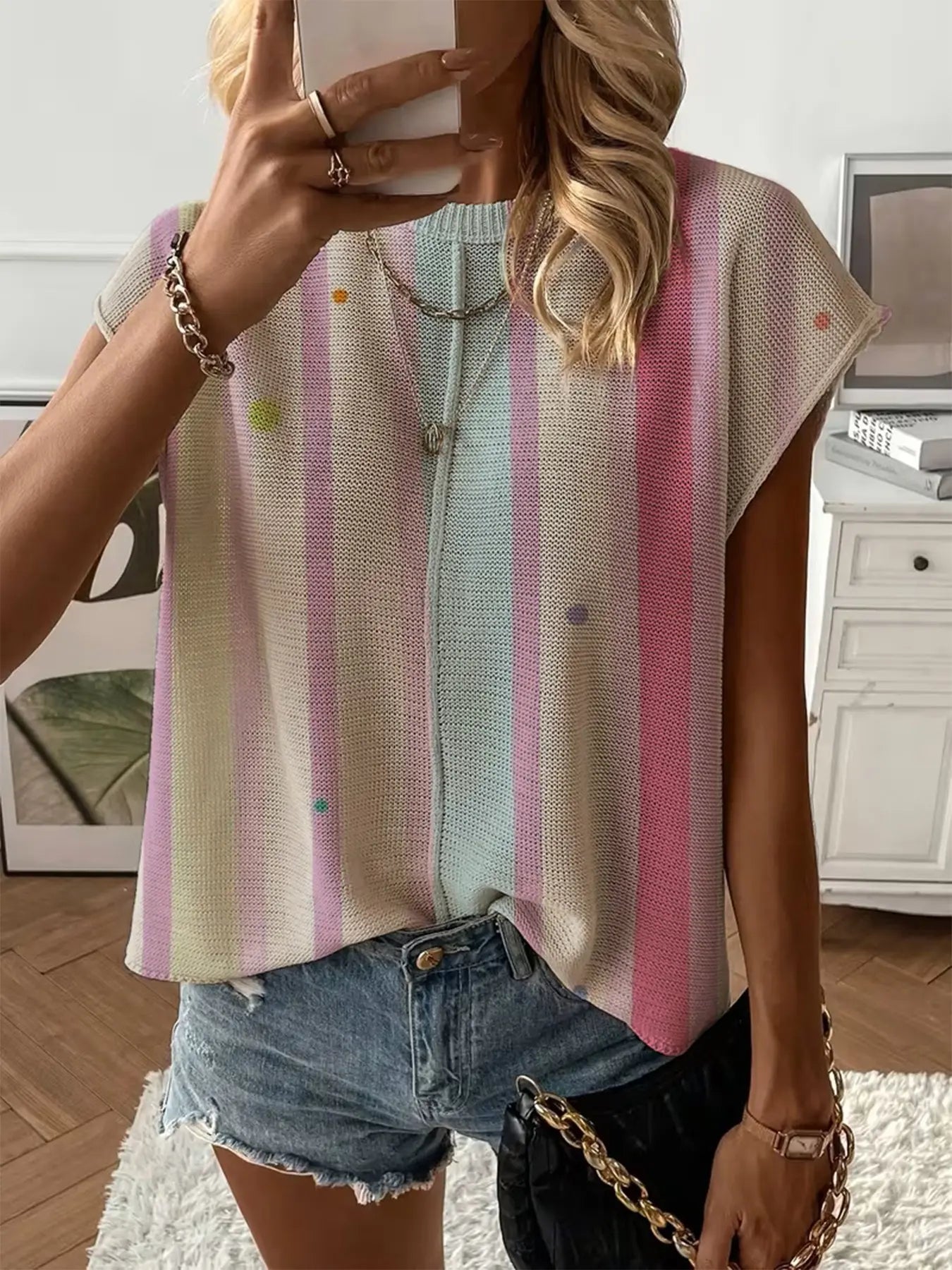 Women's Crew Neck Drop-shoulder Loose Fit Contrast Splicing Print Knit Top