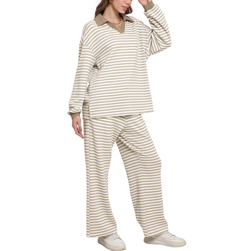 Women's Striped V-Neck Knit Top & Wide-Leg Trouser Pants 2-Piece Sweater Set(45% OFF!!!)