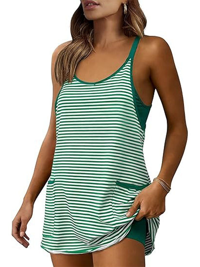 ⏰Hot Sale-Women's Striped V-Neck Athletic Mini Dress with Built-in Shorts