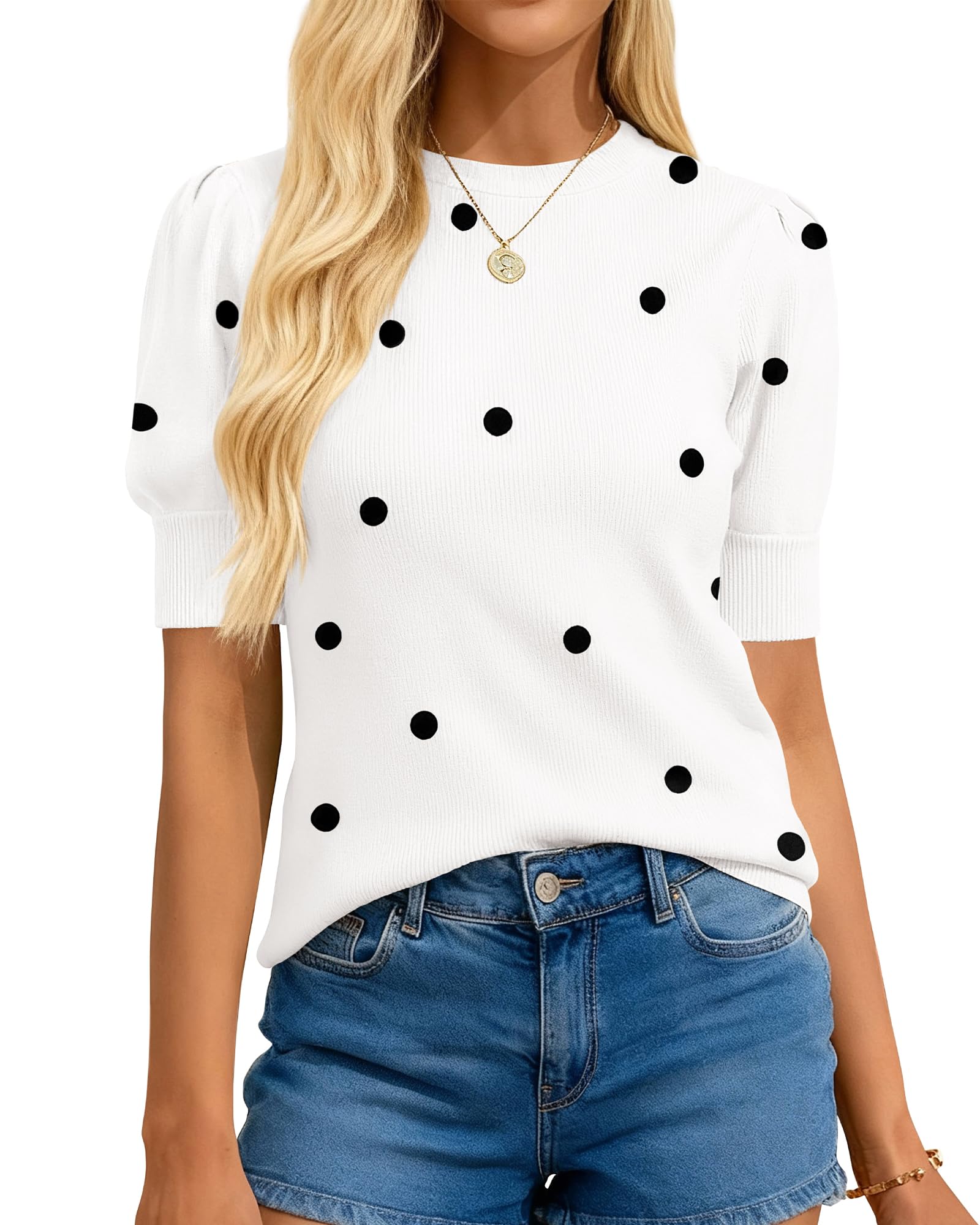 Womens Polka Dot Short Sleeve Crew Neck Sweater(buy 2 free shipping)