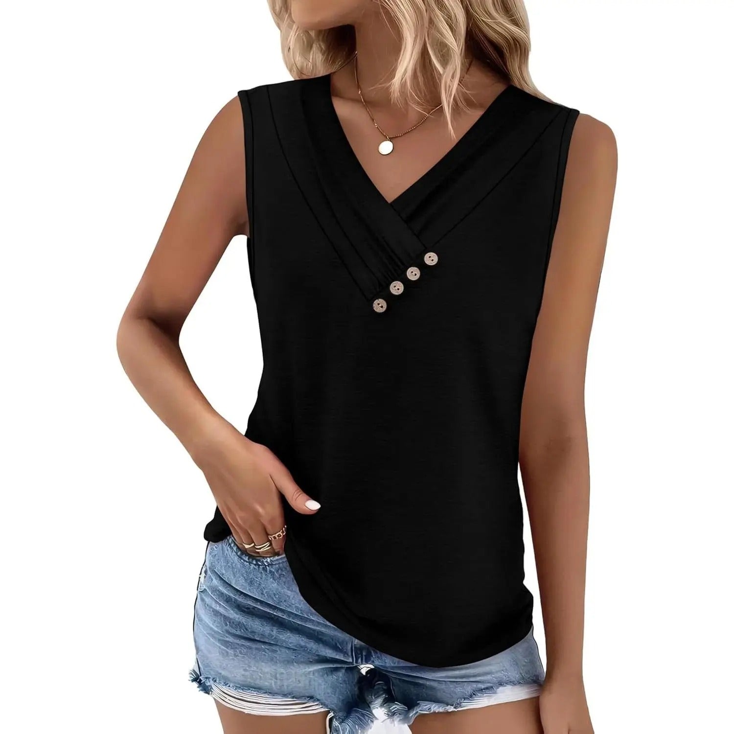 HOT SALE Women's V-Neck Sleeveless Button Tank Top