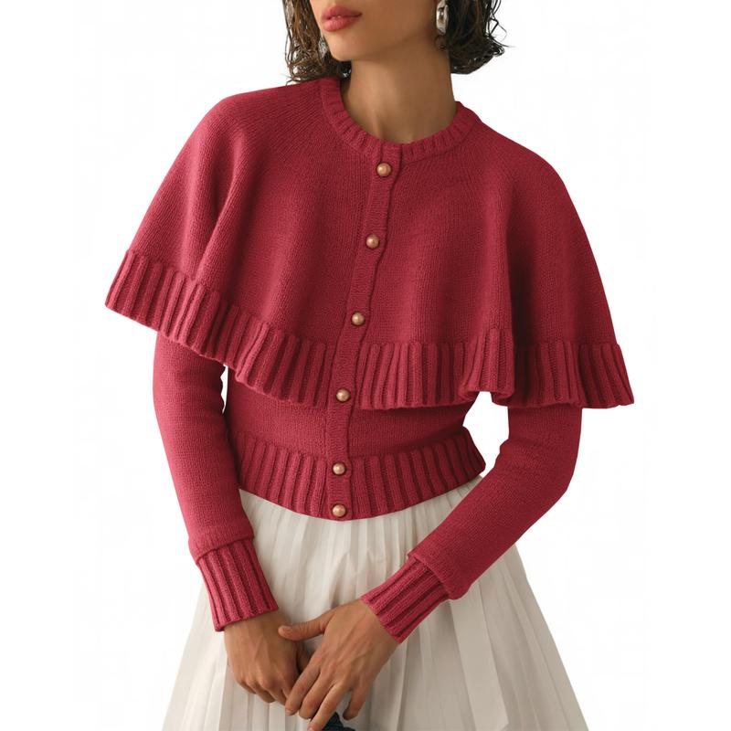 Womens Cropped Cardigan Sweater Long Sleeve Knit Button Up Cape Sweaters