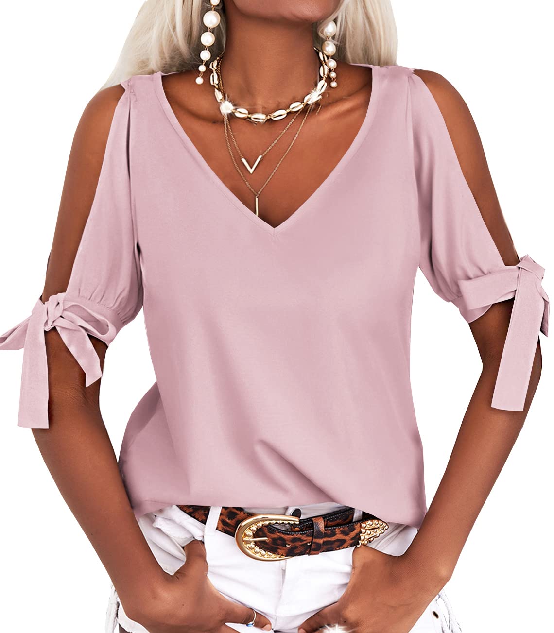Women's Short Sleeve V-Neck Casual Loose Cutout Blouse