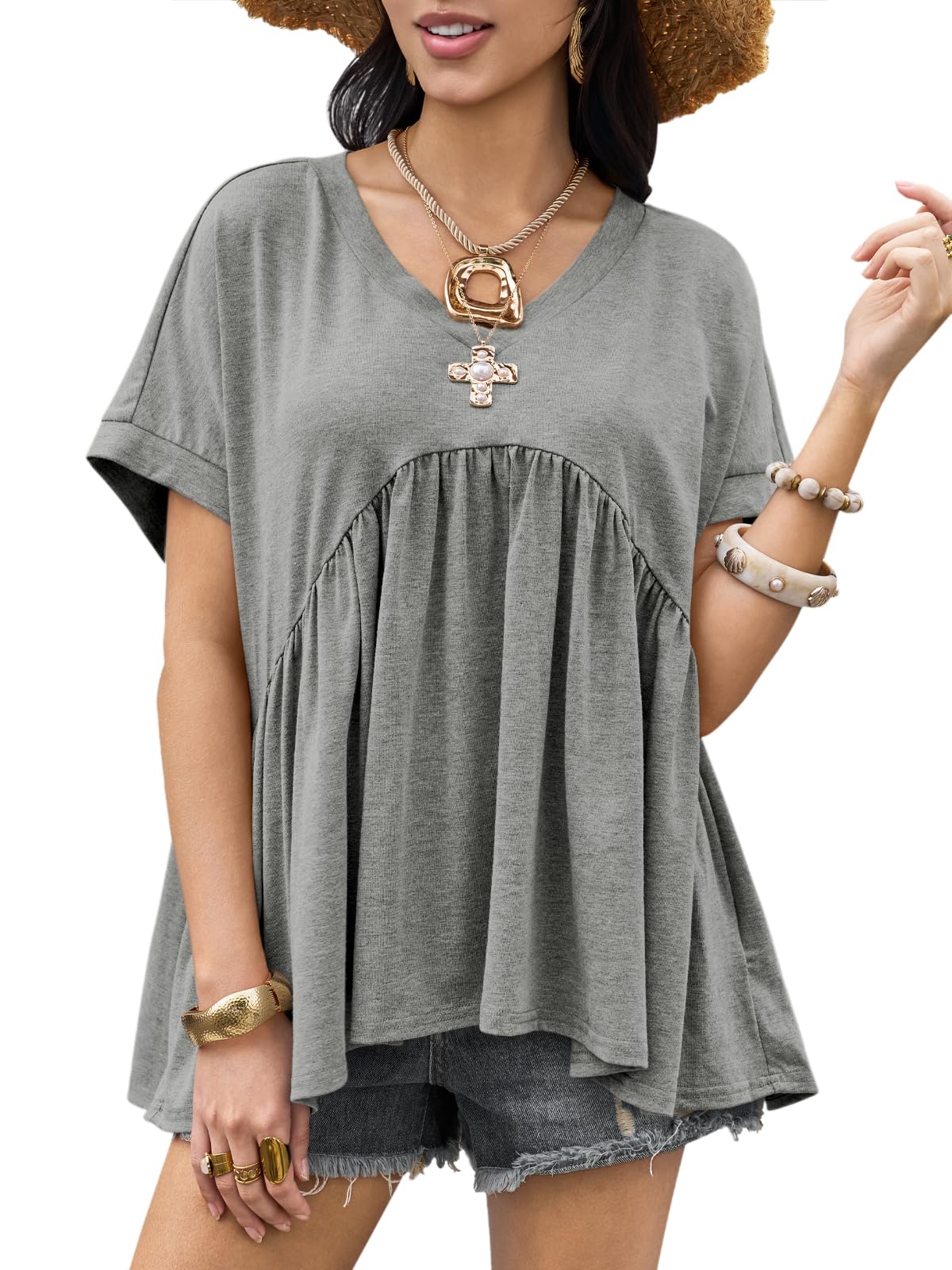Womens Summer Peplum Tops Oversized Babydoll Short Sleeve V Neck T Shirts