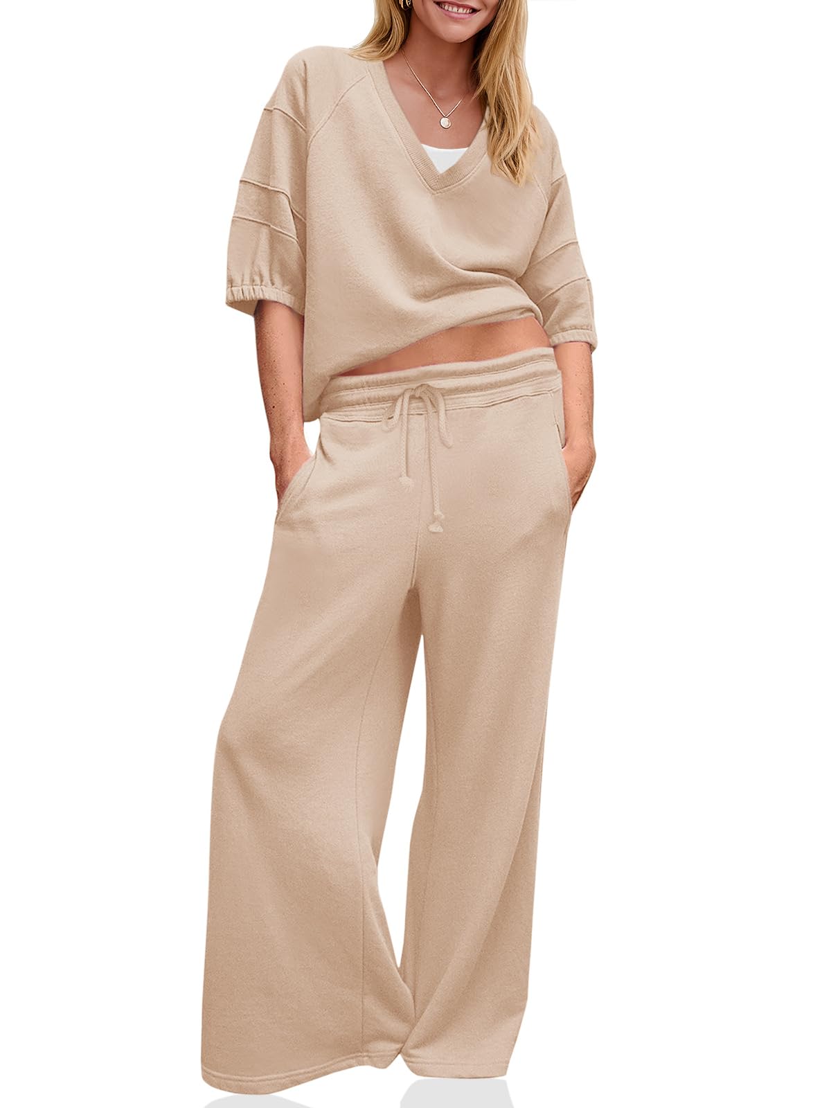 Womens Casual V Neck Shirts Wide Leg Running Long Pants 2 Piece Outfits