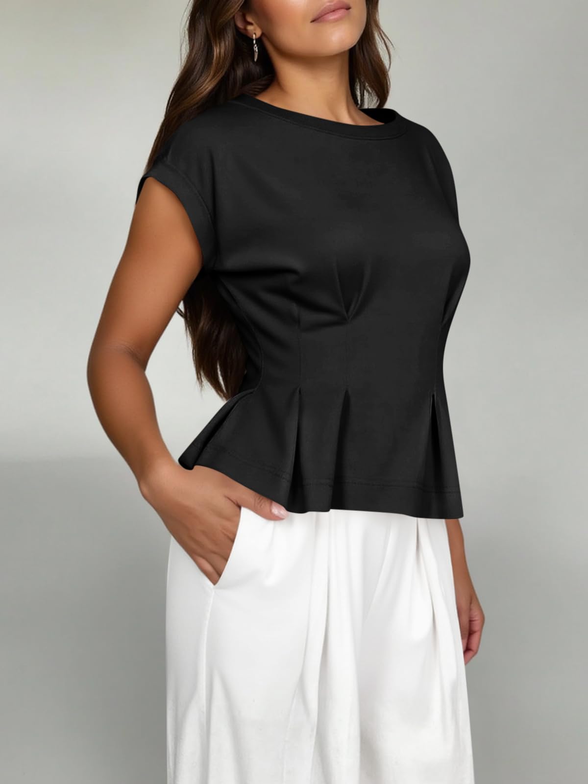 Womens Cap Sleeve T-Shirts Dressy Casual Crew Neck Pleated Blouses