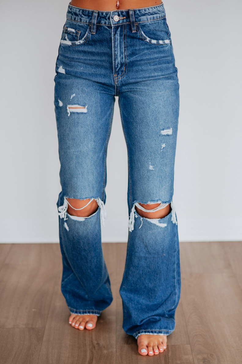 Women's Flared Ripped Stretchy Mid Rise Cut Out Distressed Denim Bootcut Jeans