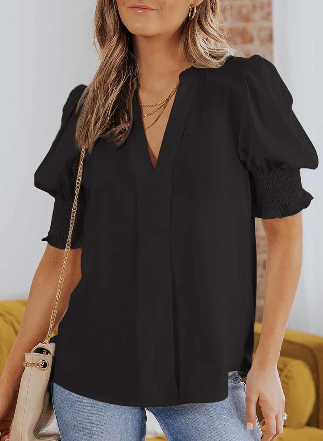 Floral V-Neck Puff Sleeve Blouse(buy 2 free shipping!!!)