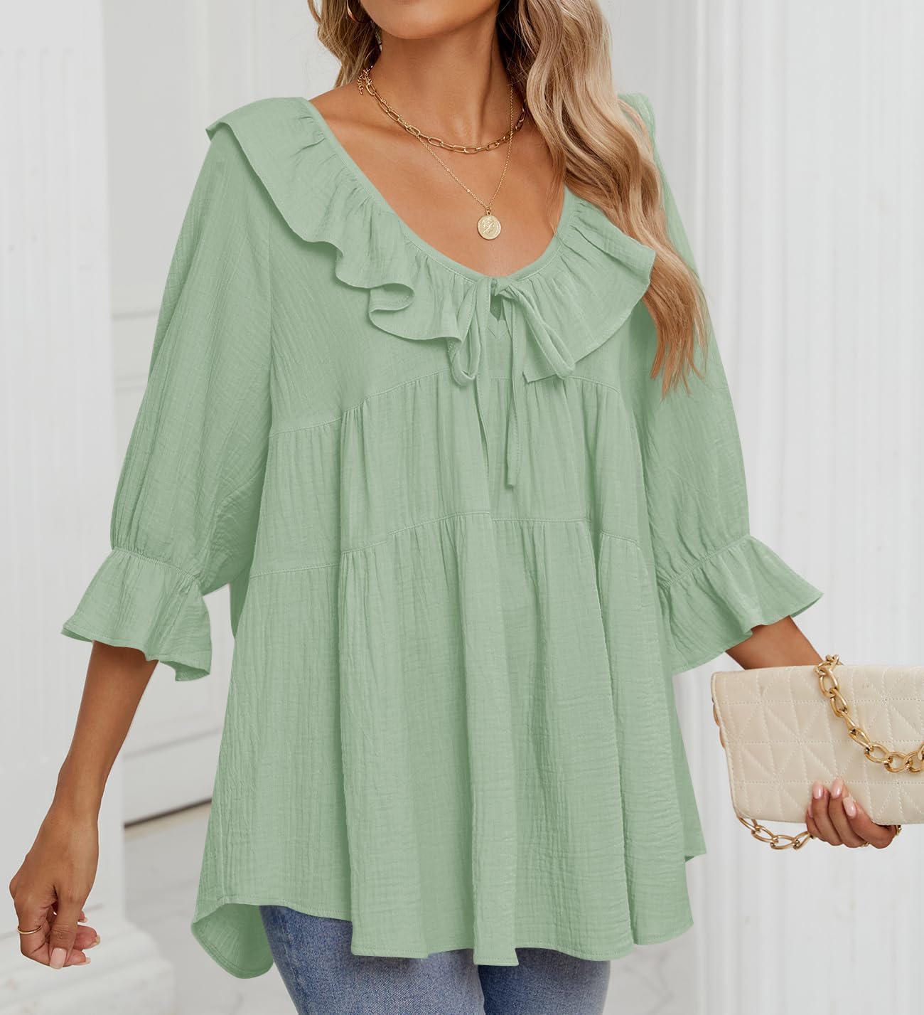 3/4 Sleeve Scoop Neck Tie Front Ruffle Tiered Peplum Loose Blouse Tops