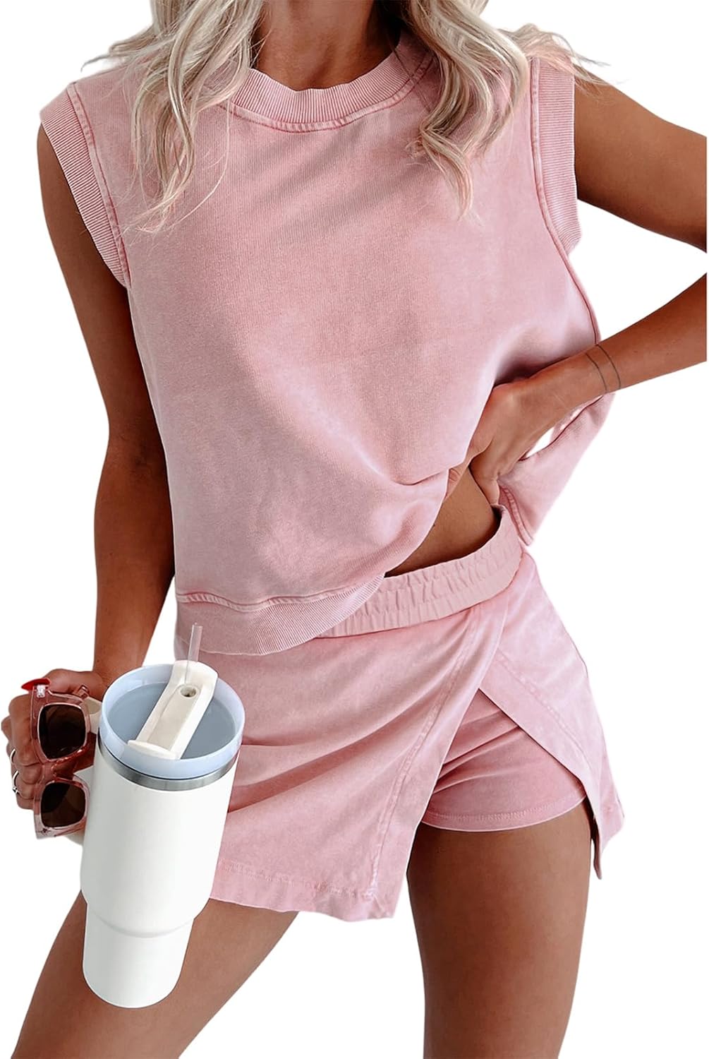 Women's Mineral Wash Tank & Lined Split Skort 2 Pieces Set