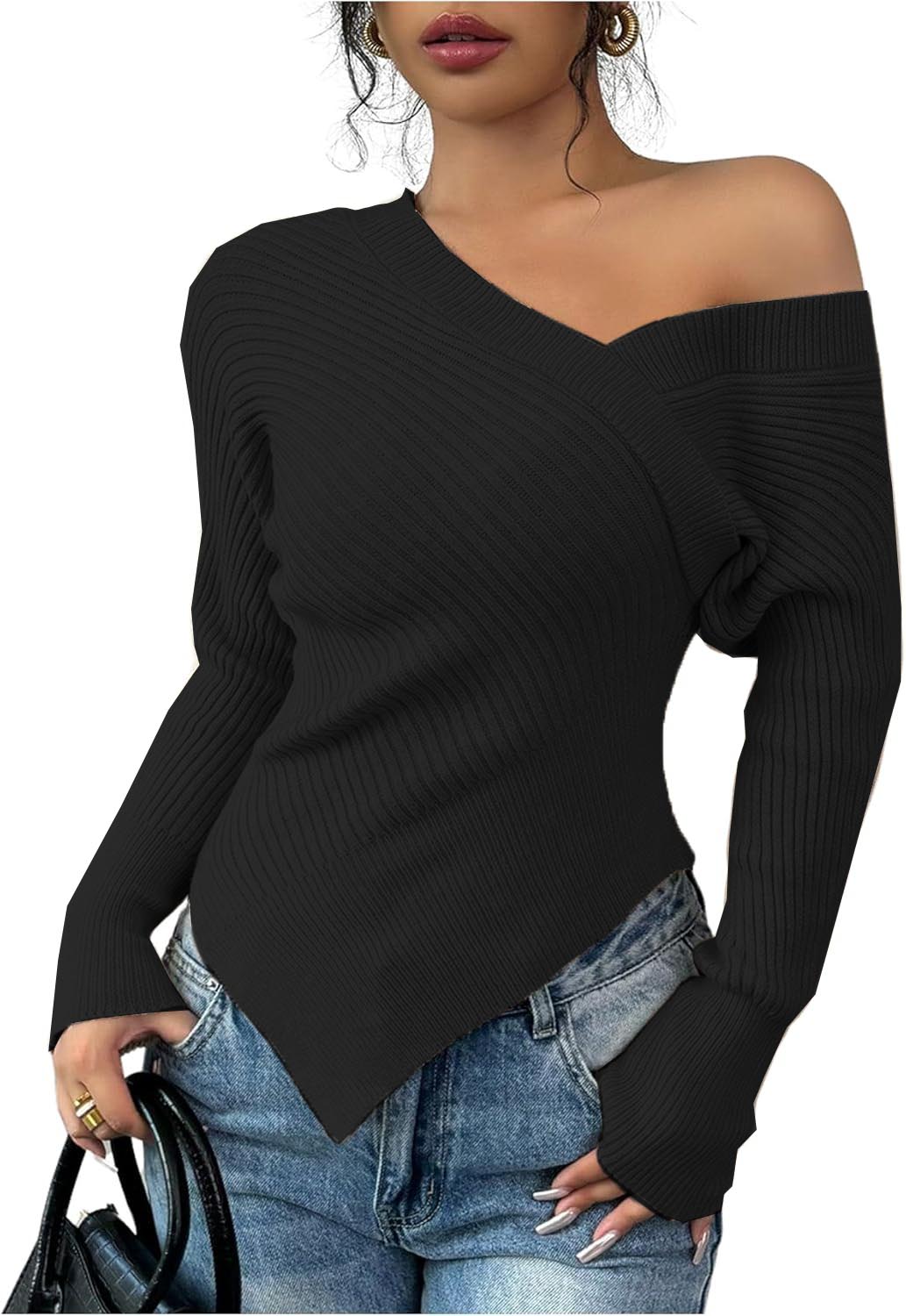 Women's Off Shoulder Ribbed Knit Wrap Asymmetrical Sweater(buy 2 free shipping)