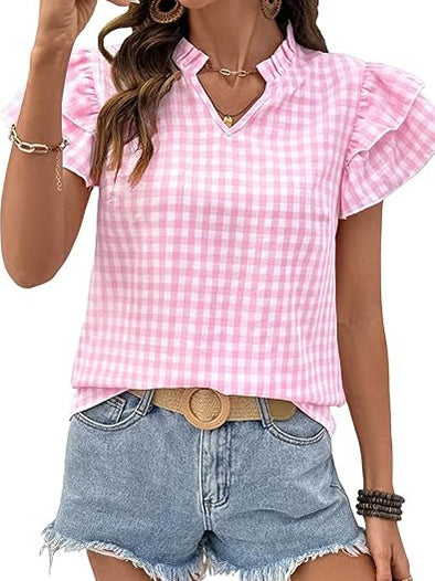 Womens V Neck Ruffle Short Sleeve Gingham Shirts