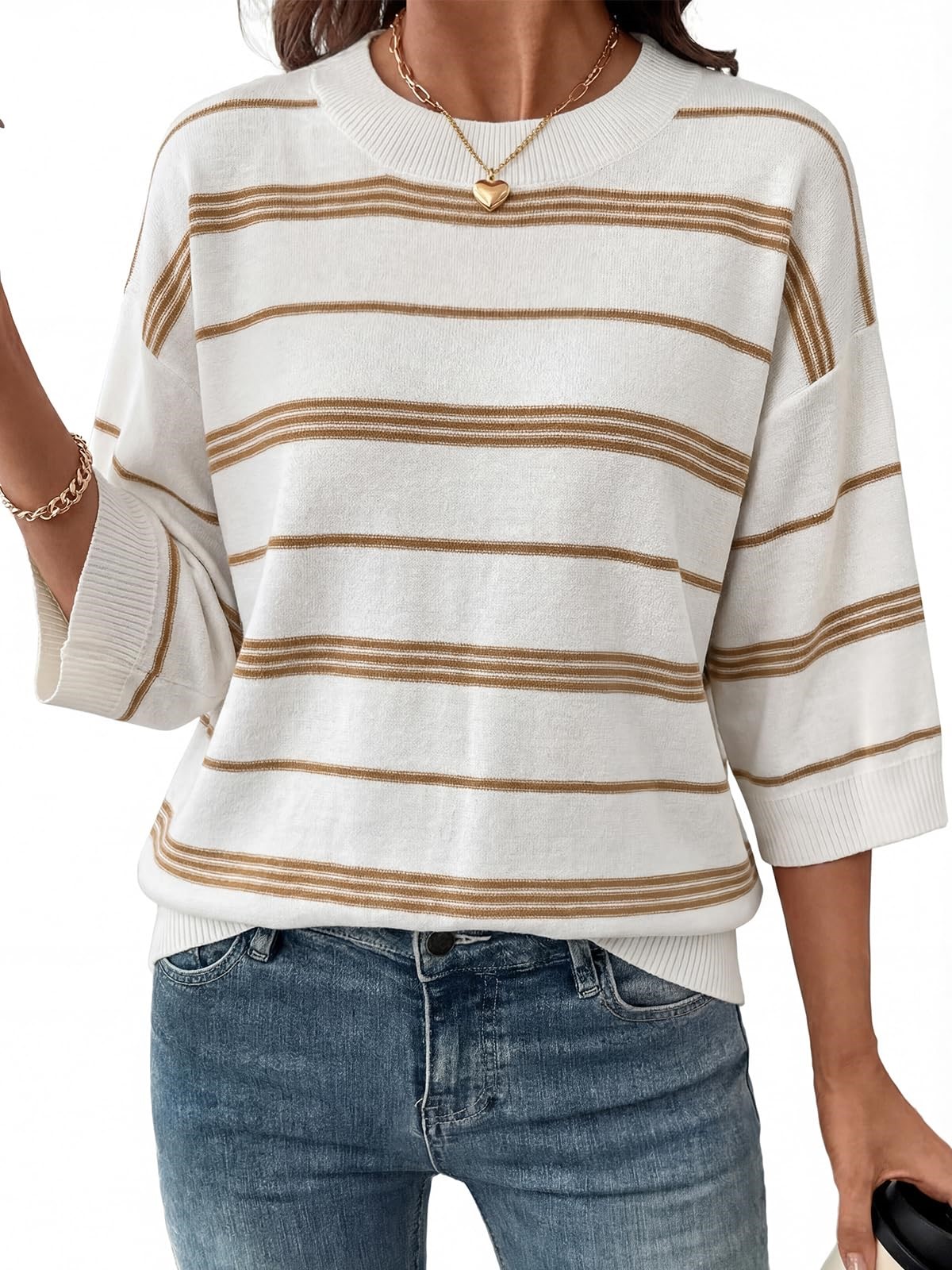Women's Oversized 3/4 Sleeve Striped Lightweight Knit Sweater Tops