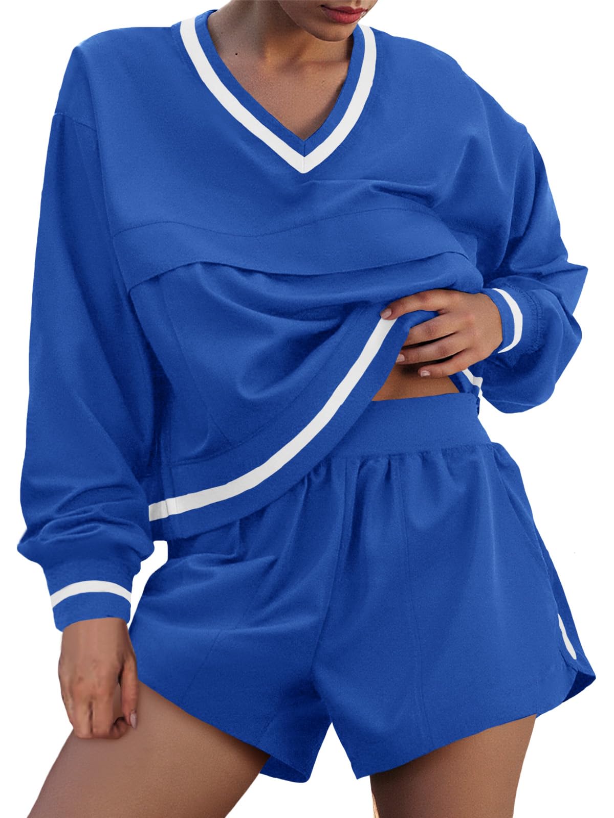 Womens Long Sleeve V Neck Sweatshirt High Waist Running Shorts Sets