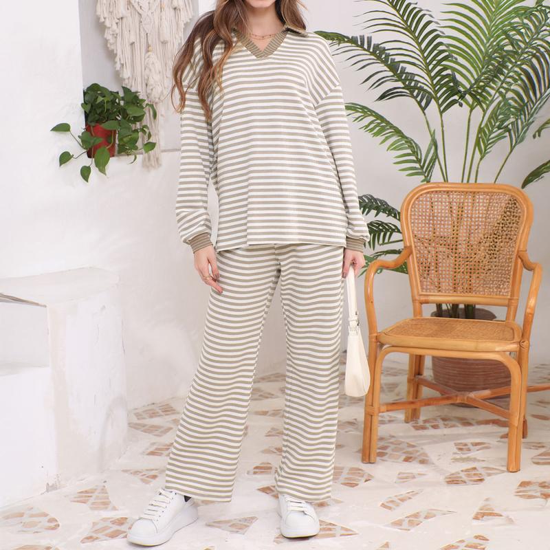 Women's Striped V-Neck Knit Top & Wide-Leg Trouser Pants 2-Piece Sweater Set(45% OFF!!!)