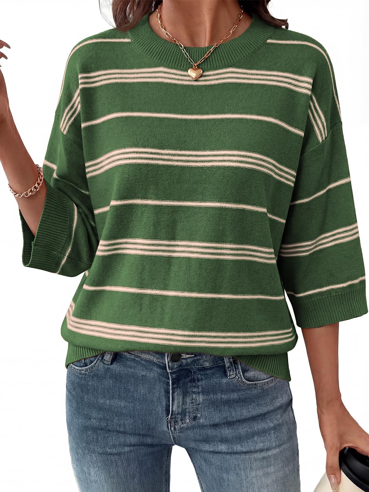 Women's Oversized 3/4 Sleeve Striped Lightweight Knit Sweater Tops