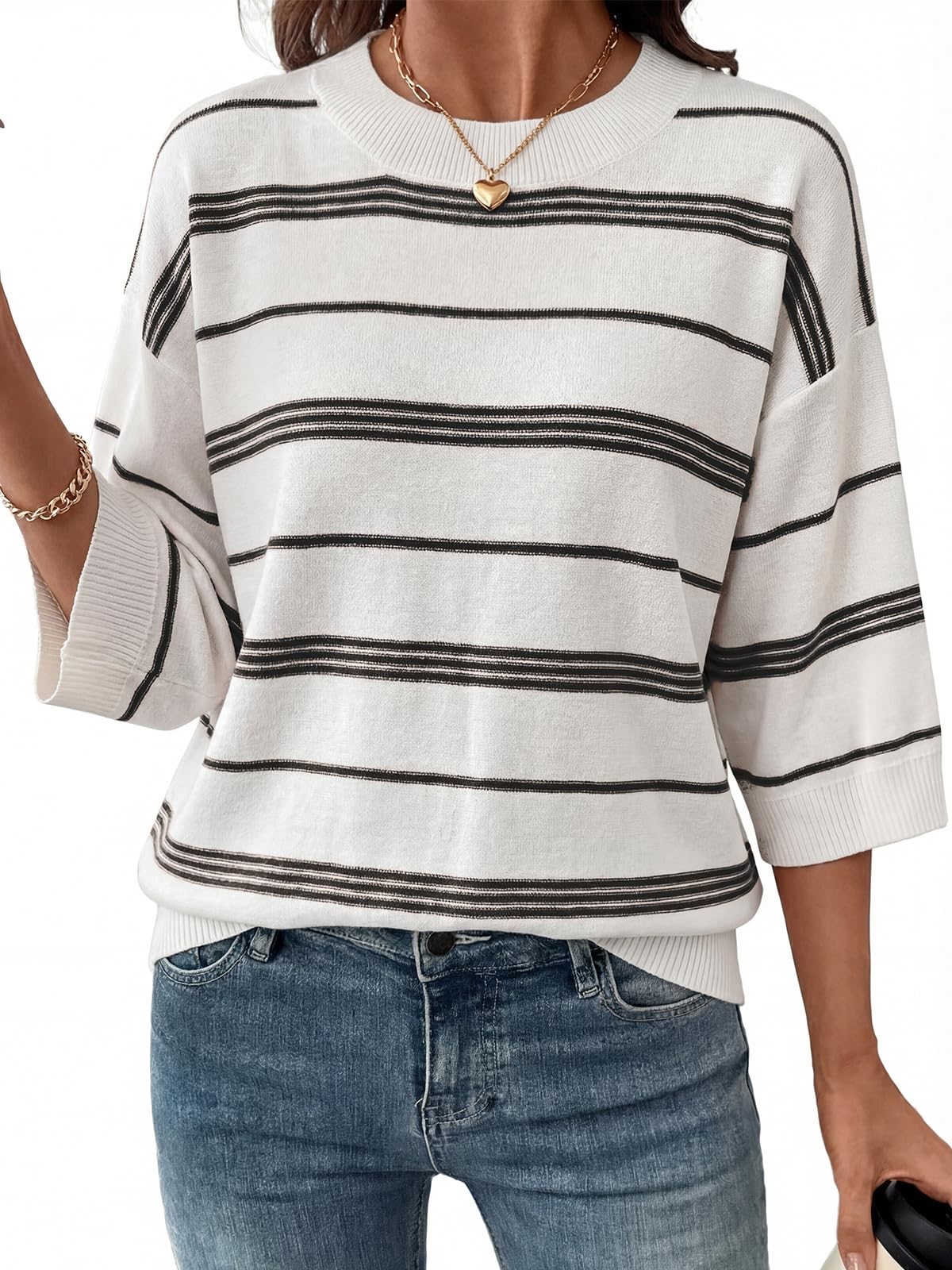 Women's Oversized 3/4 Sleeve Striped Lightweight Knit Sweater Tops