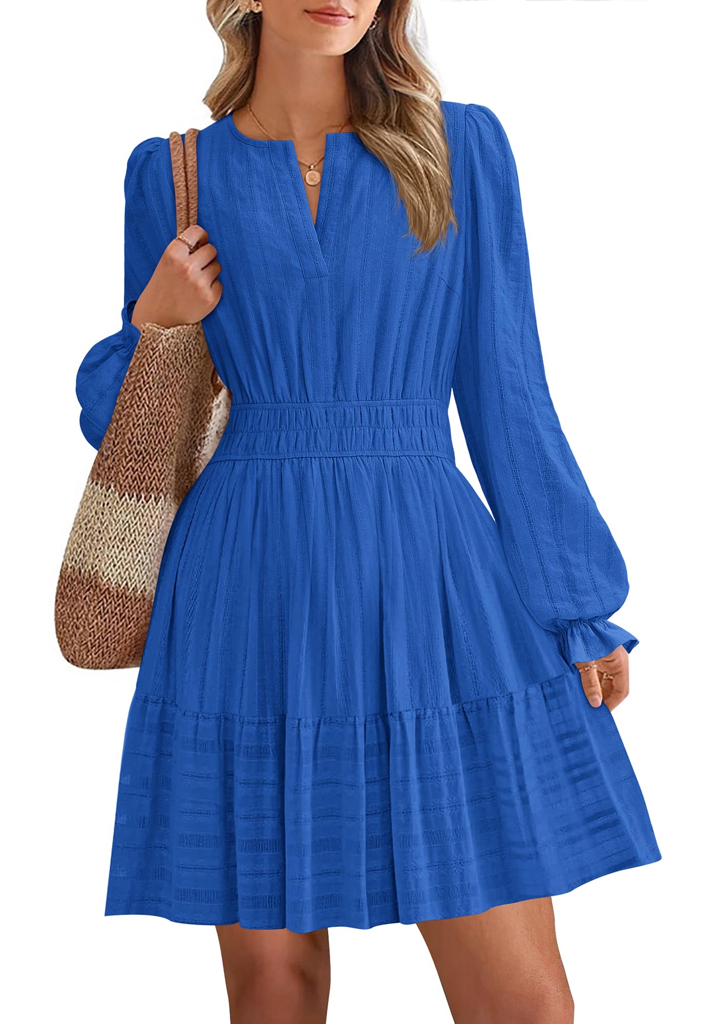 Women 2026 Casual Lightweight Long Sleeve V Neck A Line Elastic Waist Mini Dresses(50% OFF!!!)