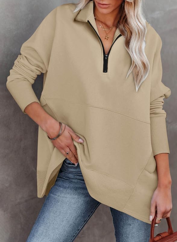Women's Casual Oversized Half Zip Sweatshirts Long Sleeve Solid Color Pullover Jackets with Pockets(Buy 2 Free Shipping)