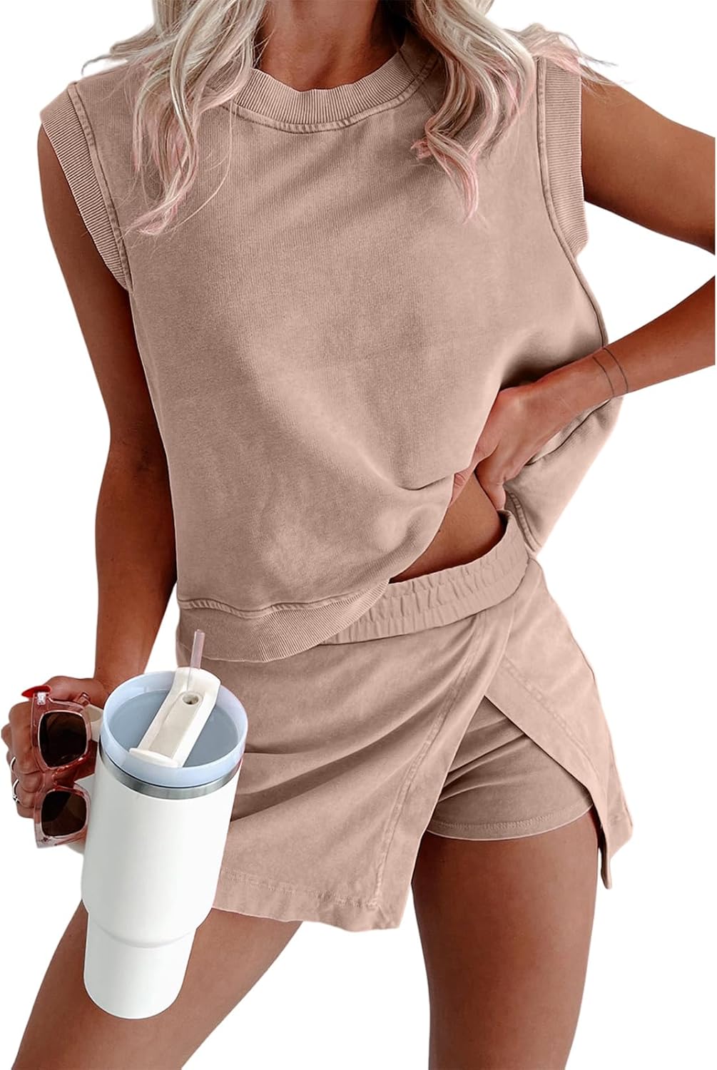 Women's Mineral Wash Tank & Lined Split Skort 2 Pieces Set