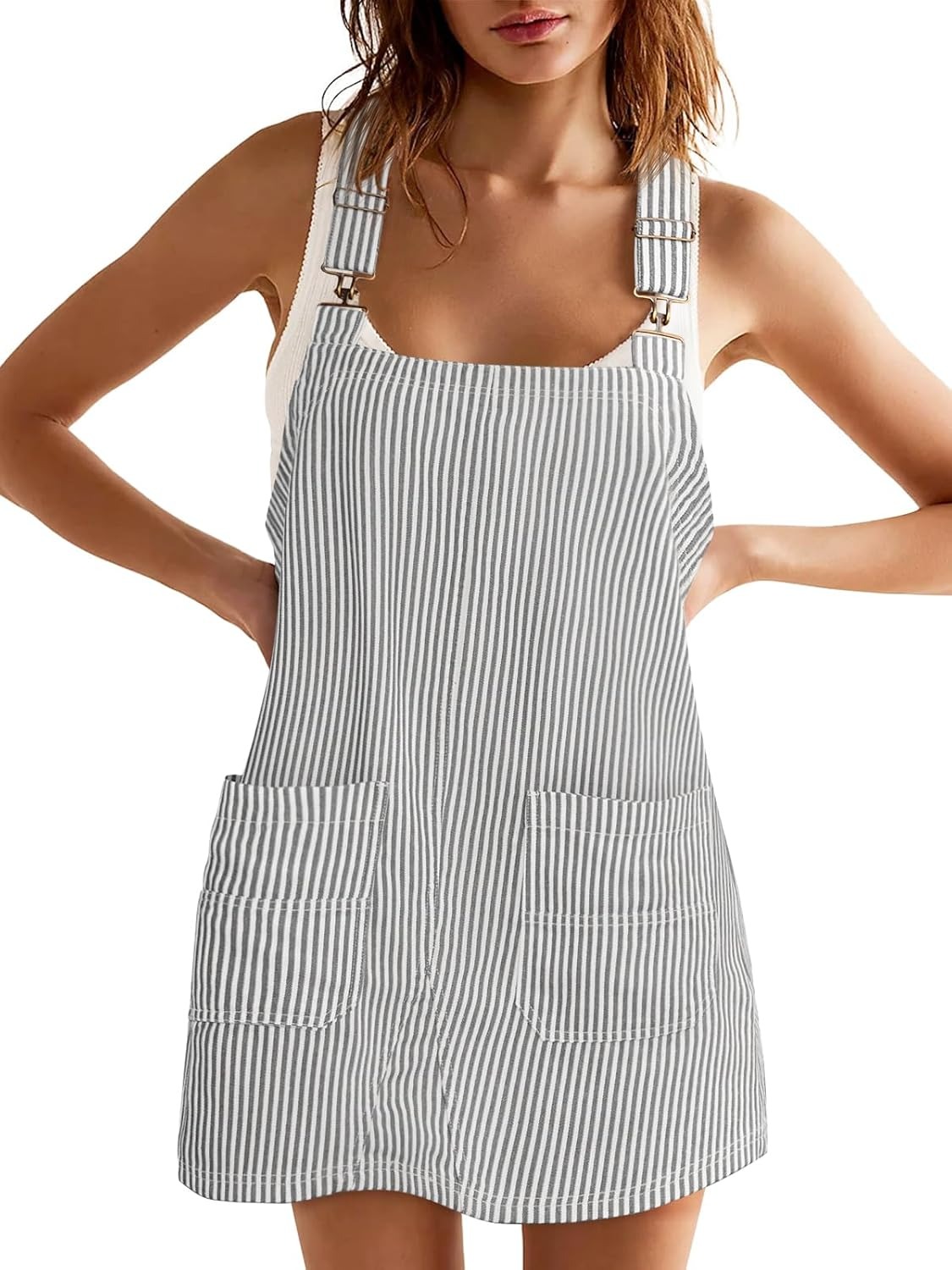 Womens Adjustable Straps Casual Denim Dress Summer Striped Overalls Romper