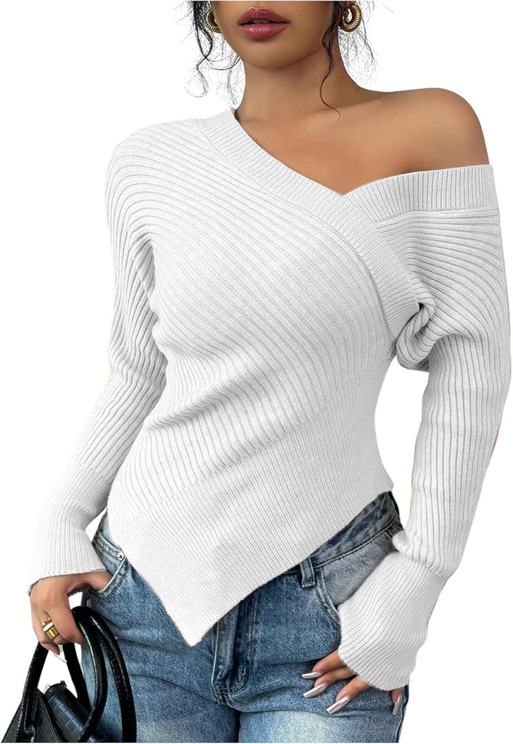 Women's Off Shoulder Ribbed Knit Wrap Asymmetrical Sweater(buy 2 free shipping)