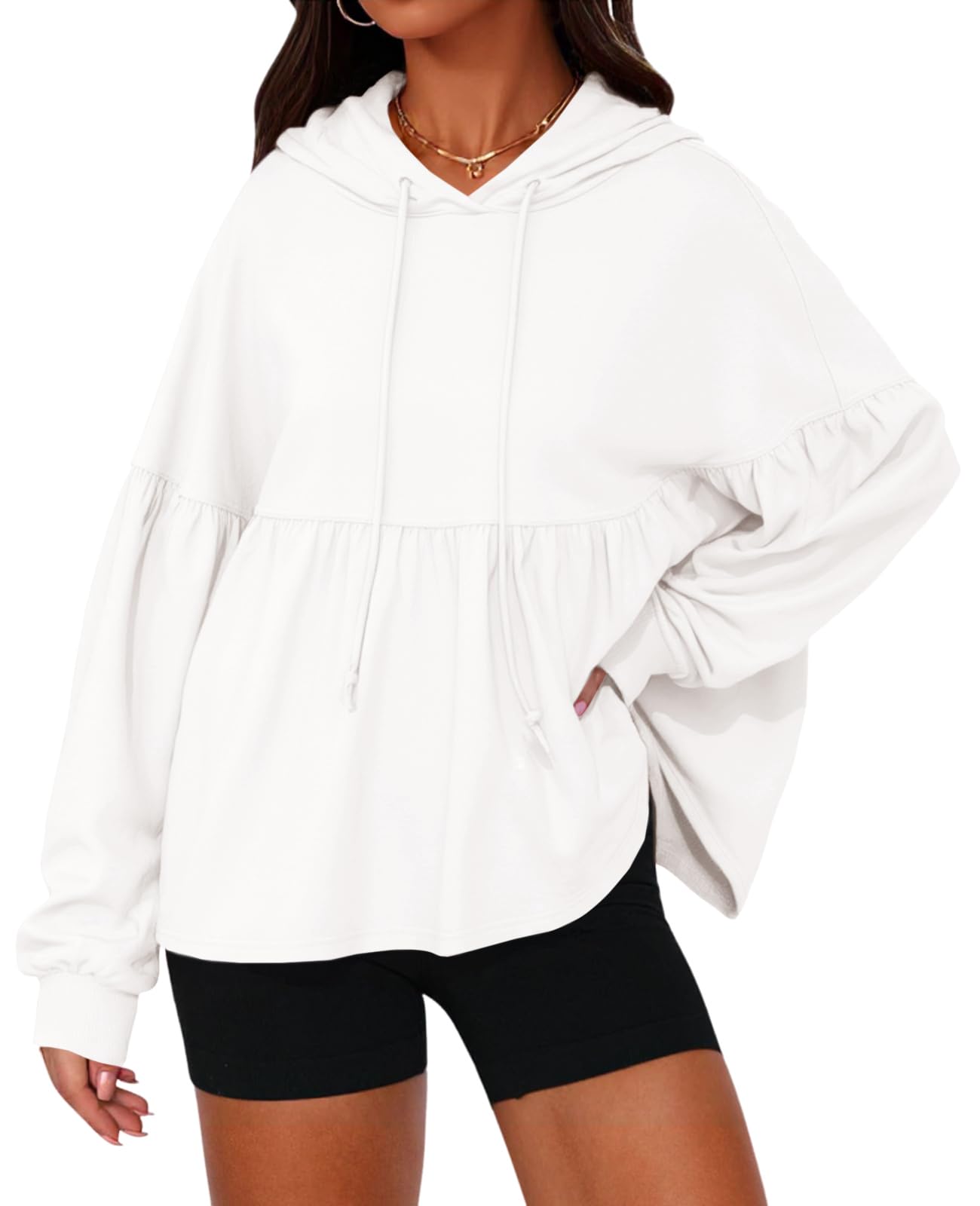 Womens Oversized Lantern Long Sleeve Drawstring Peplum Hem Hooded Pullover Tops(50% off!!!)
