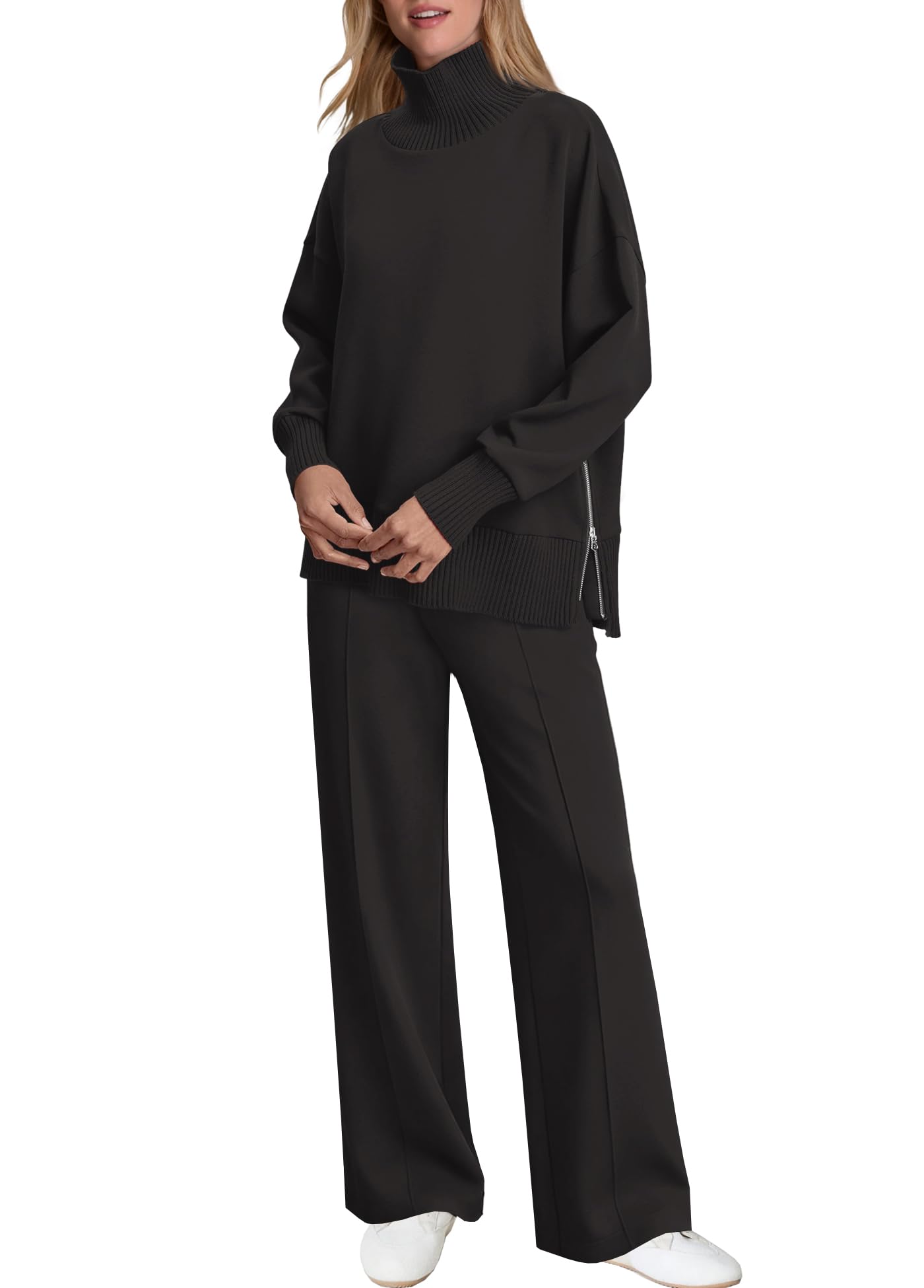 Womens Mockneck Sweatshirt Wide Leg Pants Sweat Sets