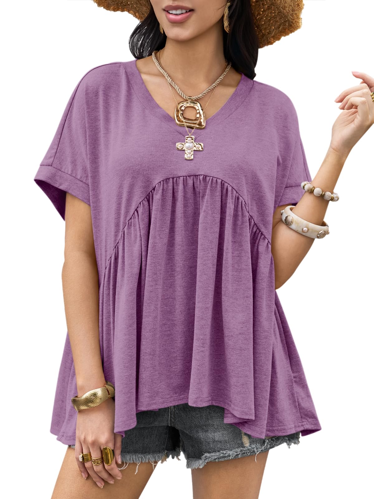 Womens Summer Peplum Tops Oversized Babydoll Short Sleeve V Neck T Shirts