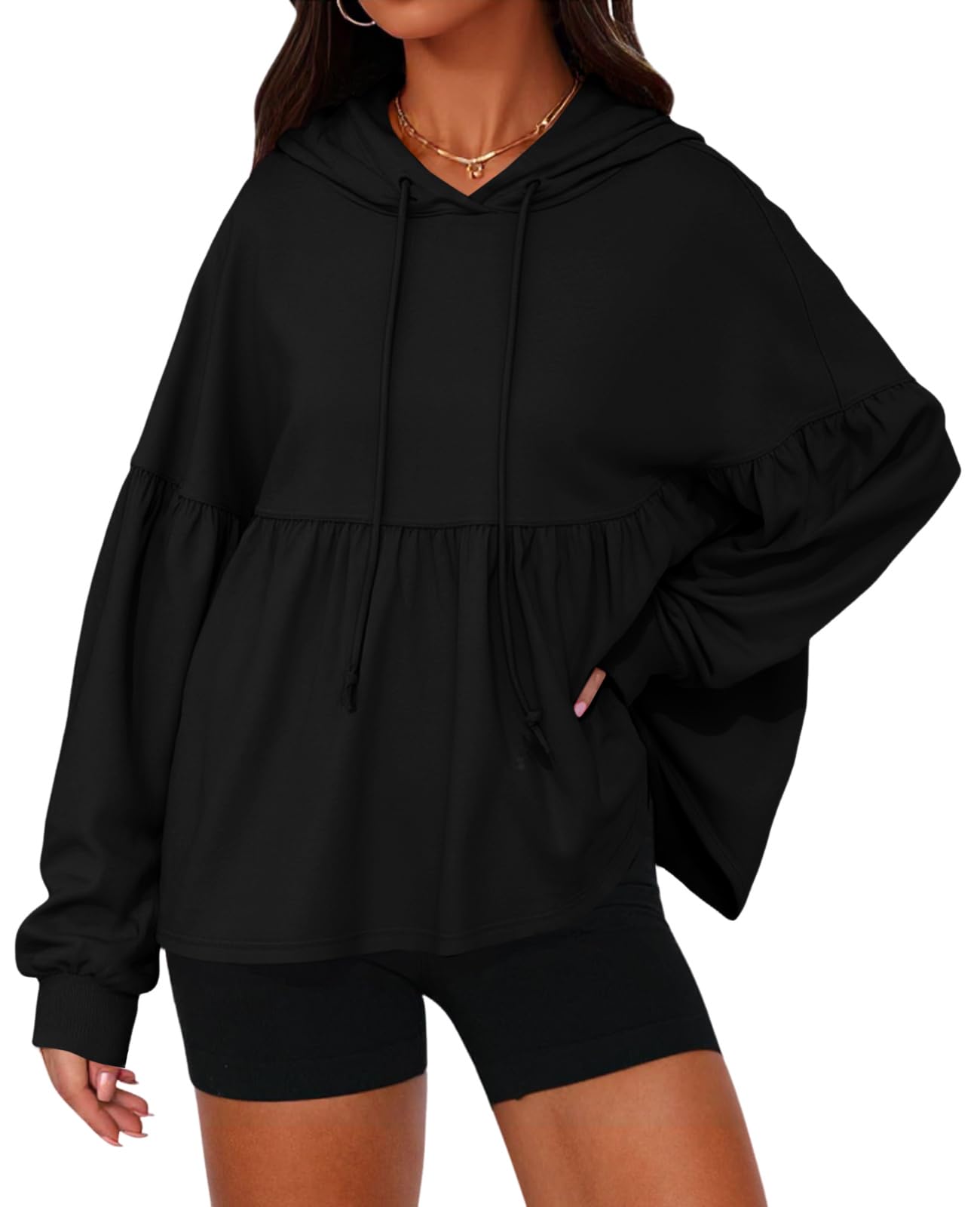 Womens Oversized Lantern Long Sleeve Drawstring Peplum Hem Hooded Pullover Tops(50% off!!!)
