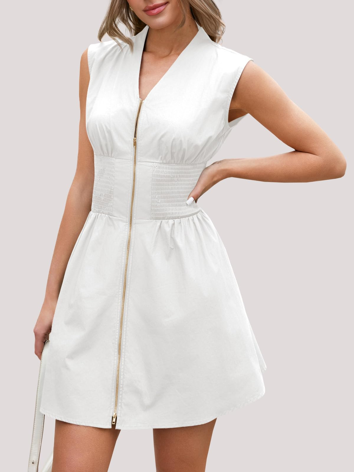 Women's Sleeveless Casual Zip Front V Neck Dress with Pockets