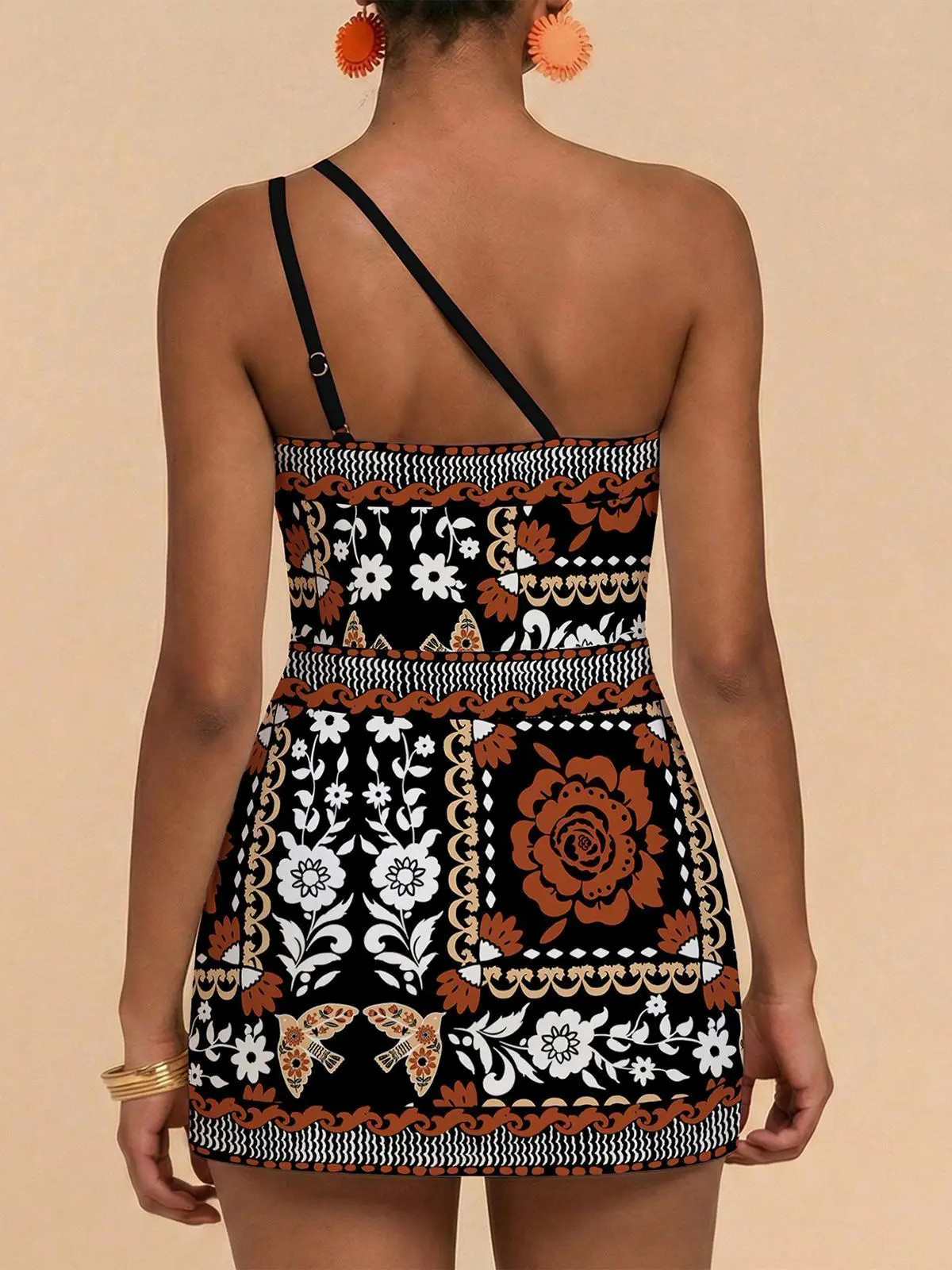 Womens One Shoulder Floral One Piece Swim Dress Tankini Set 